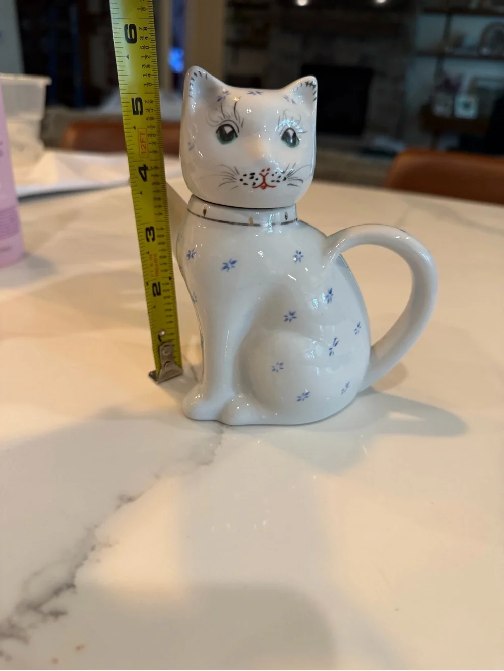 Ceramic White Cat Teapot with Blue Floral Accents